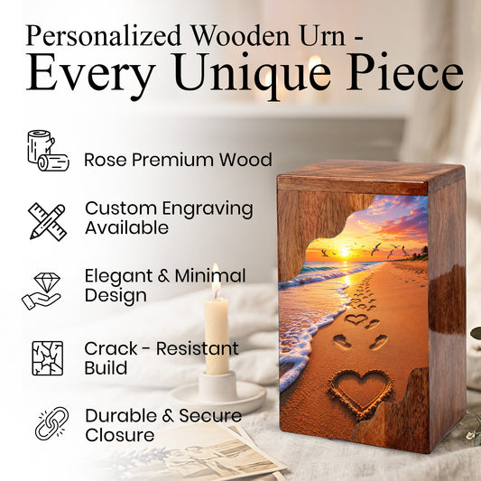Beach Sunset Wooden Cremation Urn – Ocean Memorial Urn with Footprints in the Sand