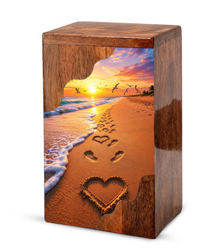 Beach Sunset Wooden Cremation Urn – Ocean Memorial Urn with Footprints in the Sand