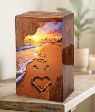 Beach Sunset Wooden Cremation Urn – Ocean Memorial Urn with Footprints in the Sand