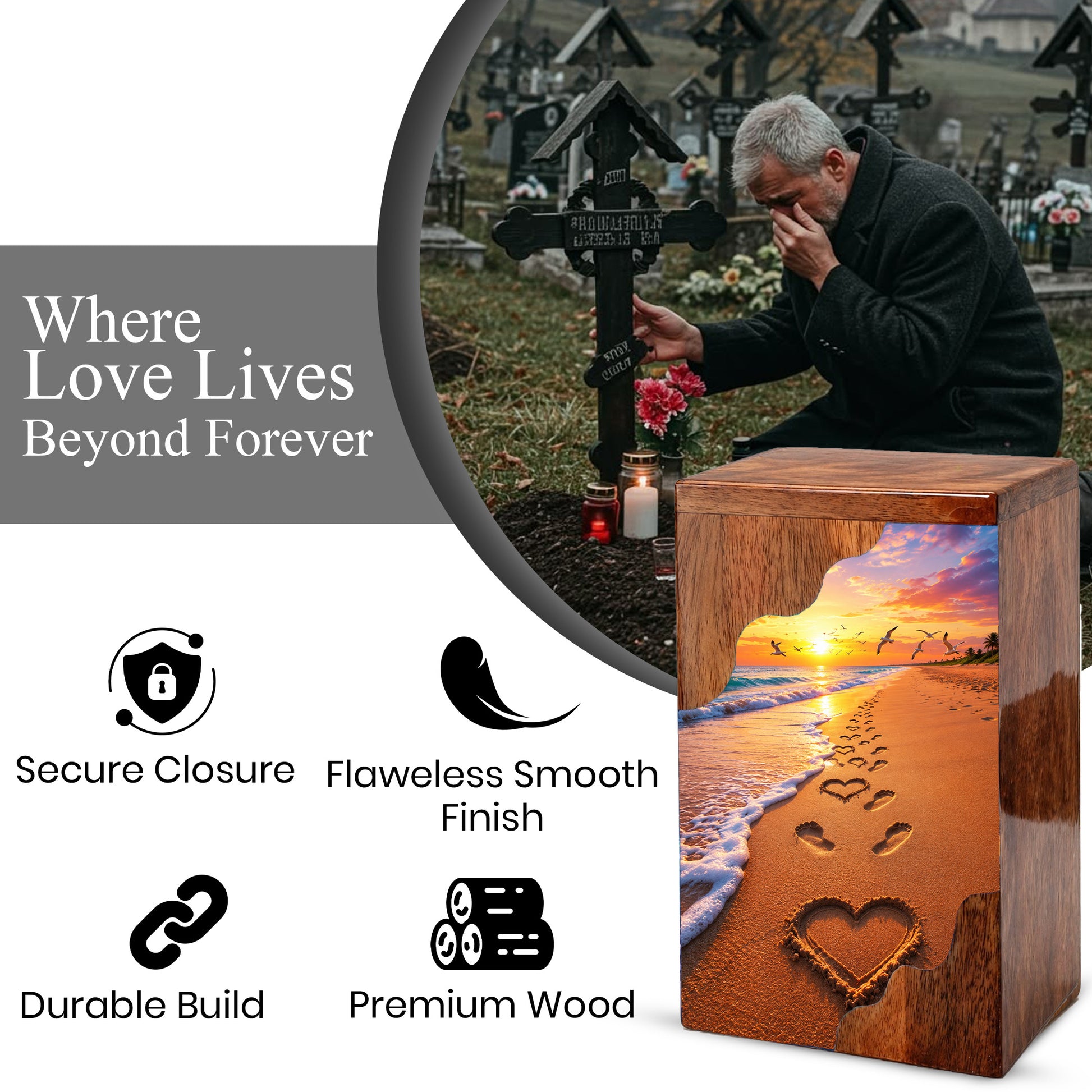 Beach Sunset Wooden Cremation Urn – Ocean Memorial Urn with Footprints in the Sand
