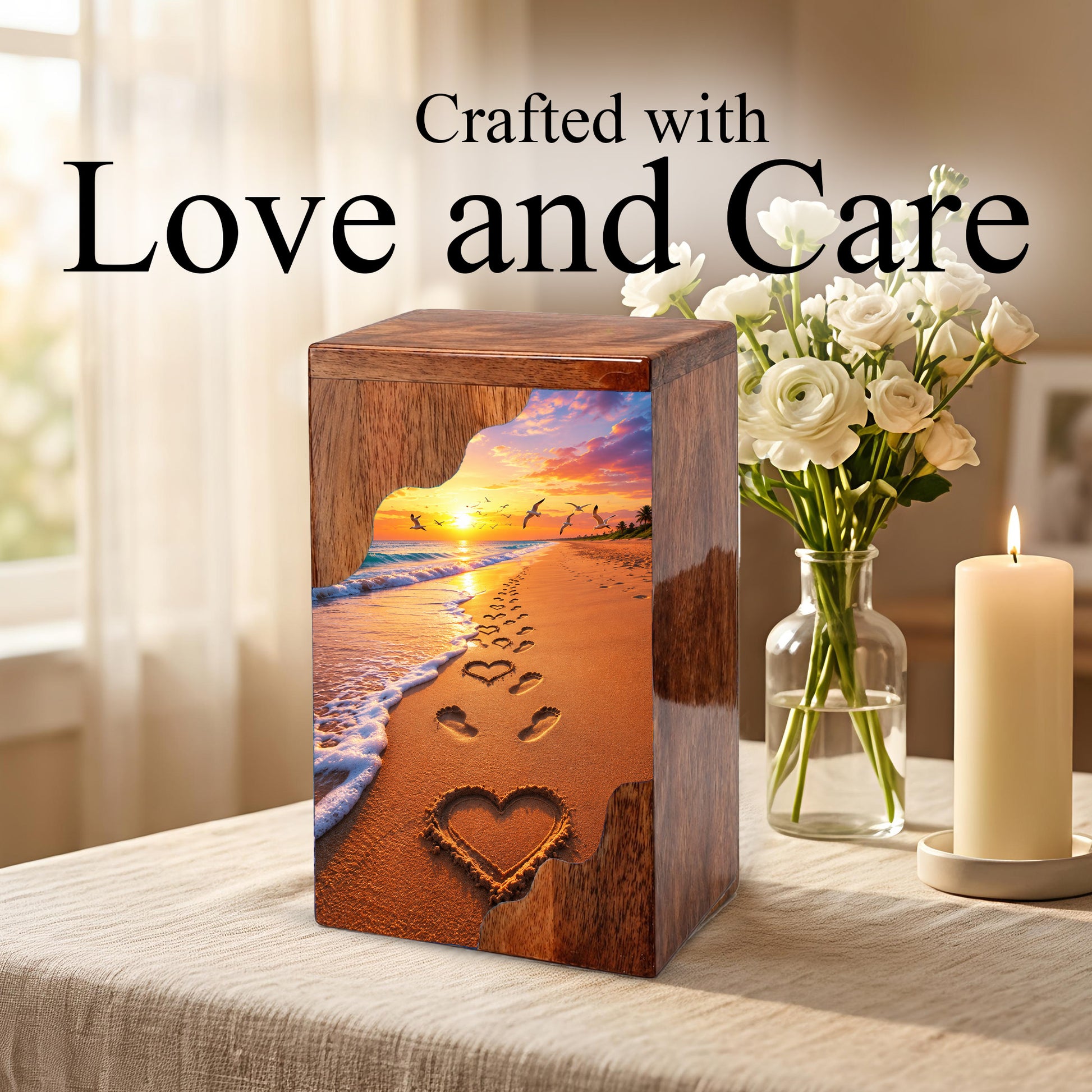 Beach Sunset Wooden Cremation Urn – Ocean Memorial Urn with Footprints in the Sand