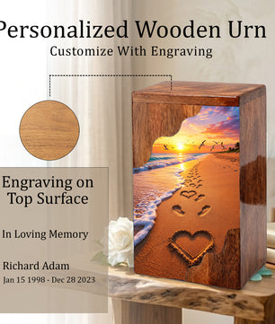 Beach Sunset Wooden Cremation Urn – Ocean Memorial Urn with Footprints in the Sand