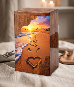 Beach Sunset Wooden Cremation Urn – Ocean Memorial Urn with Footprints in the Sand