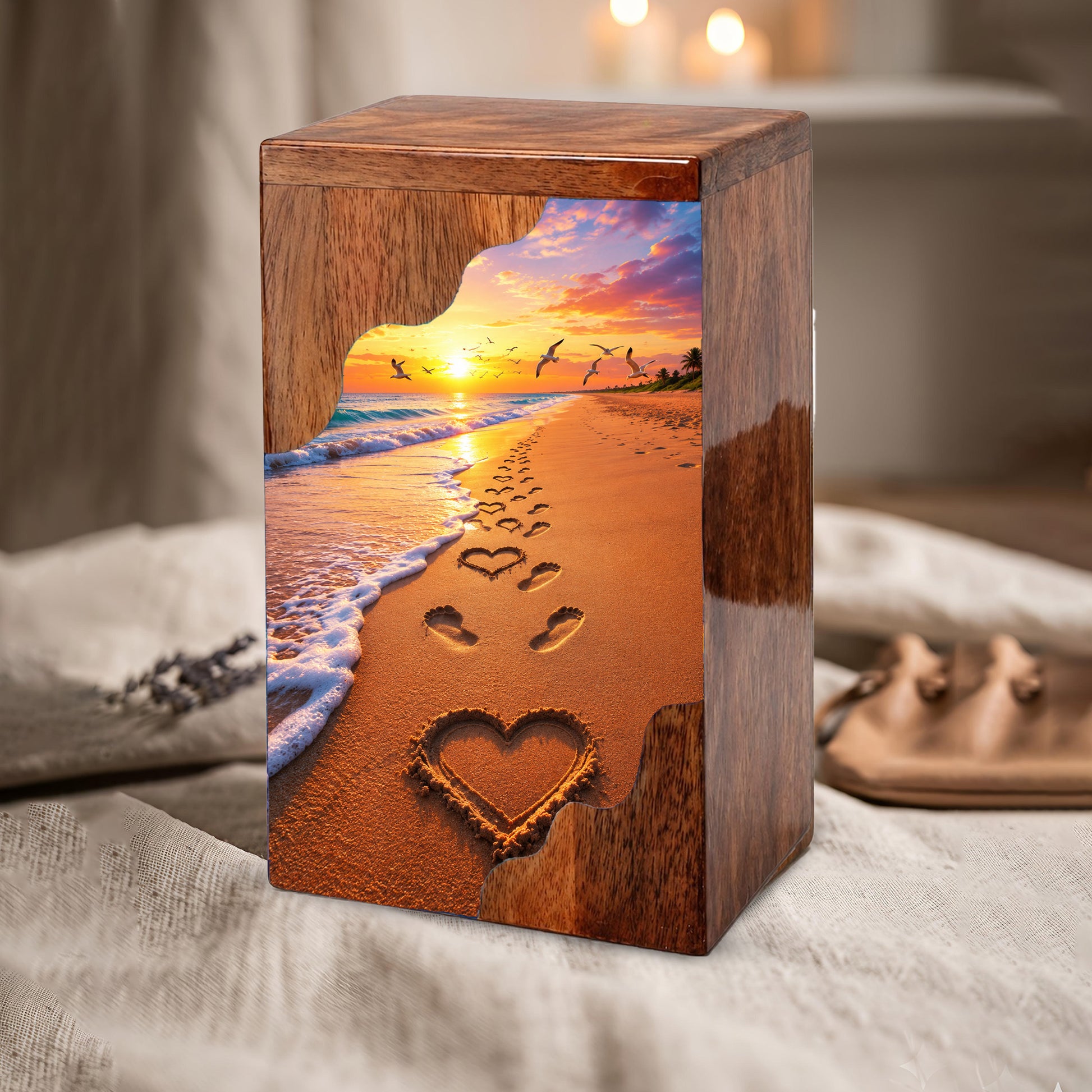 Beach Sunset Wooden Cremation Urn – Ocean Memorial Urn with Footprints in the Sand