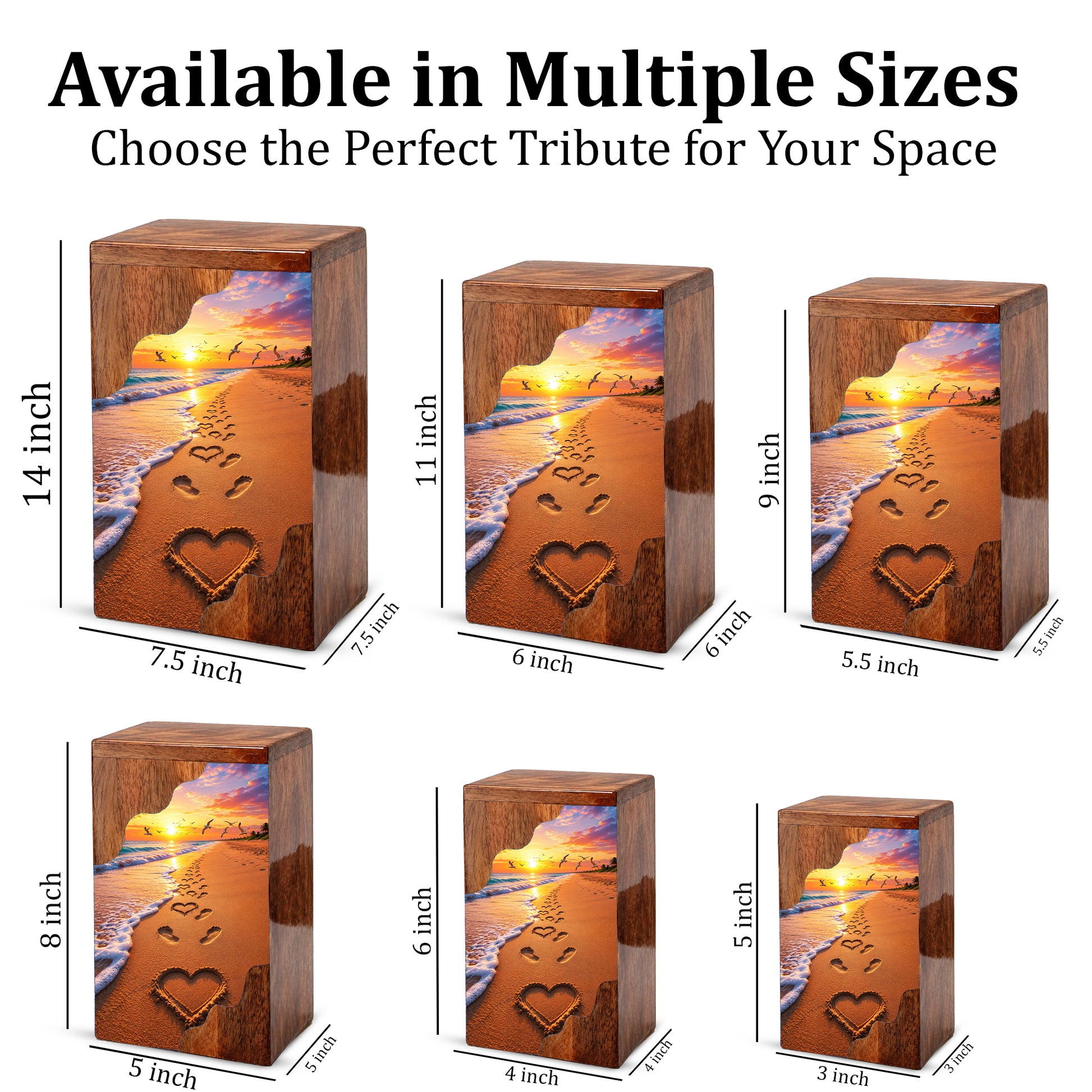 Beach Sunset Wooden Cremation Urn – Ocean Memorial Urn with Footprints in the Sand