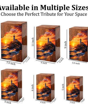 Lighthouse Sunset Wooden Cremation Urn – Coastal Memorial Urn for Human Ashes