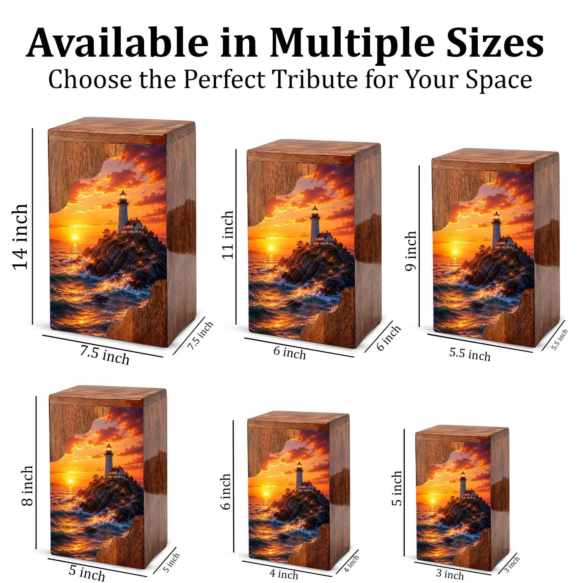 Lighthouse Sunset Wooden Cremation Urn – Coastal Memorial Urn for Human Ashes