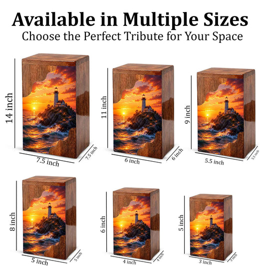 Lighthouse Sunset Wooden Cremation Urn – Coastal Memorial Urn for Human Ashes