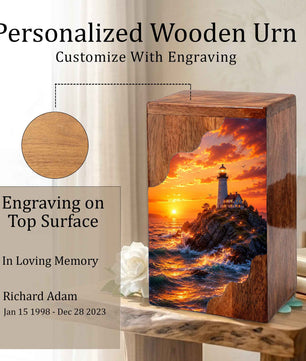 Lighthouse Sunset Wooden Cremation Urn – Coastal Memorial Urn for Human Ashes