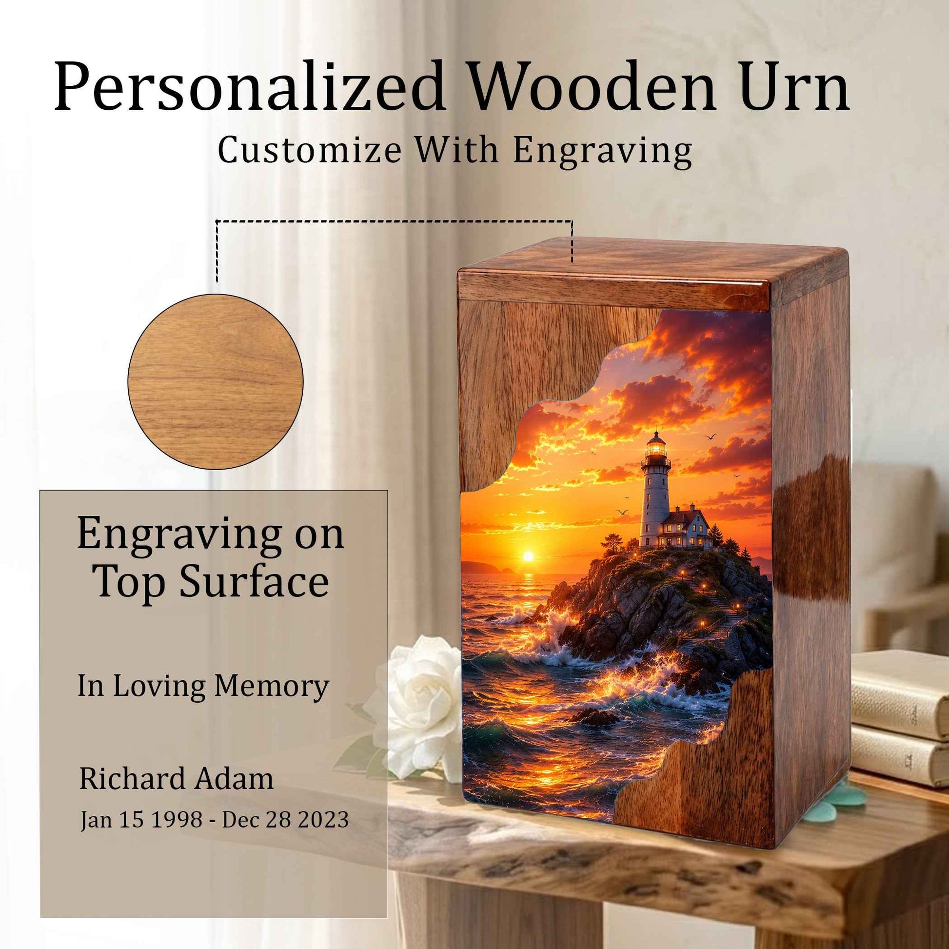 Lighthouse Sunset Wooden Cremation Urn – Coastal Memorial Urn for Human Ashes