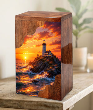 Lighthouse Sunset Wooden Cremation Urn – Coastal Memorial Urn for Human Ashes