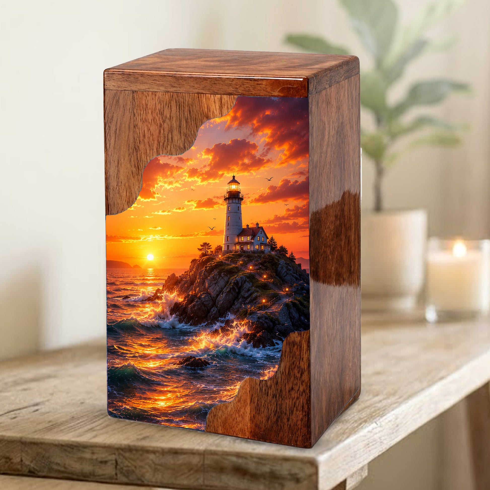 Lighthouse Sunset Wooden Cremation Urn – Coastal Memorial Urn for Human Ashes