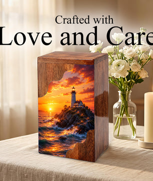 Lighthouse Sunset Wooden Cremation Urn – Coastal Memorial Urn for Human Ashes