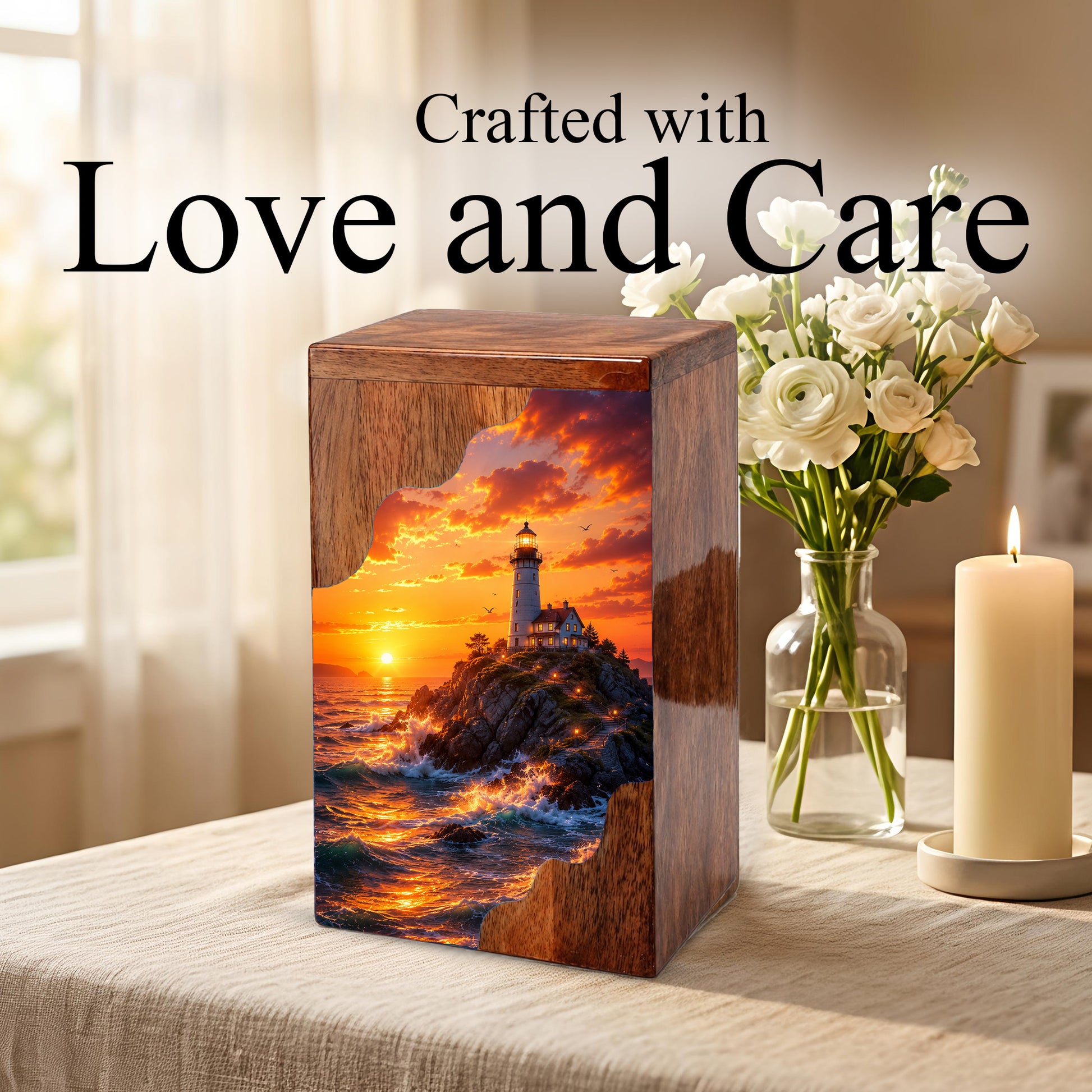 Lighthouse Sunset Wooden Cremation Urn – Coastal Memorial Urn for Human Ashes