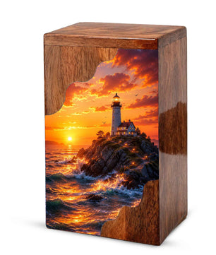 Lighthouse Sunset Wooden Cremation Urn – Coastal Memorial Urn for Human Ashes