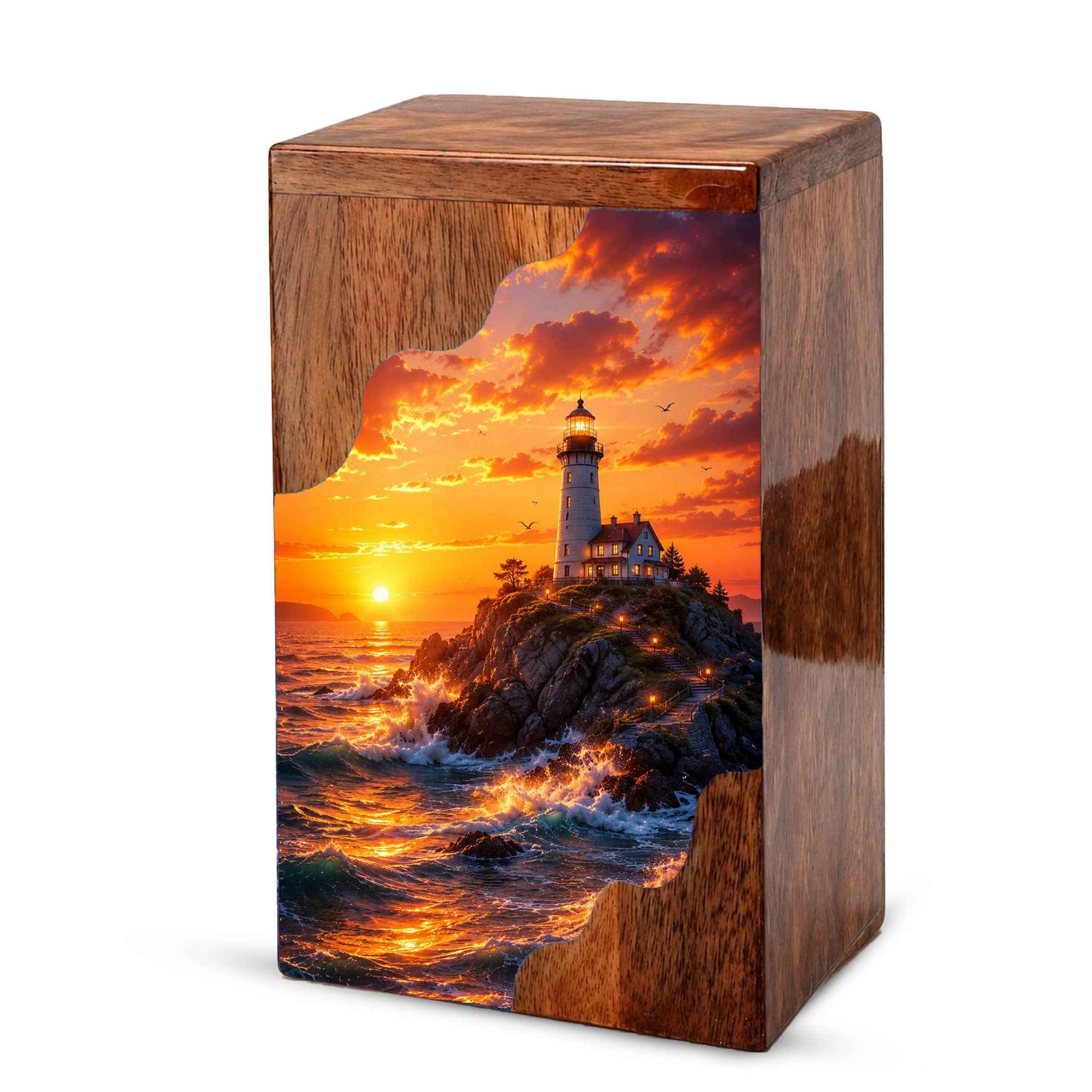 Lighthouse Sunset Wooden Cremation Urn – Coastal Memorial Urn for Human Ashes