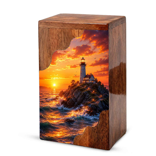 Lighthouse Sunset Wooden Cremation Urn – Coastal Memorial Urn for Human Ashes