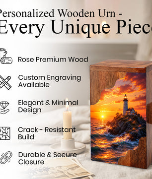 Lighthouse Sunset Wooden Cremation Urn – Coastal Memorial Urn for Human Ashes