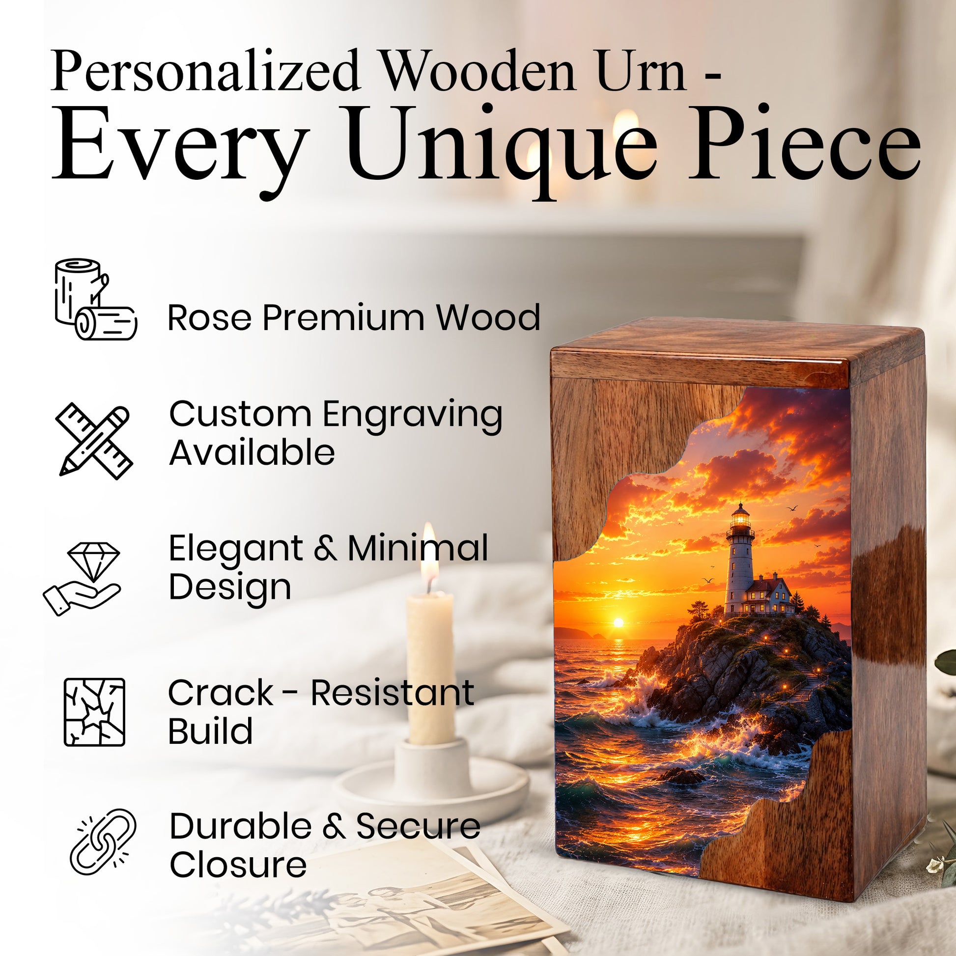 Lighthouse Sunset Wooden Cremation Urn – Coastal Memorial Urn for Human Ashes