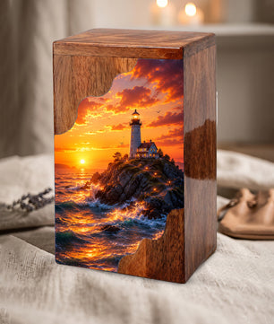 Lighthouse Sunset Wooden Cremation Urn – Coastal Memorial Urn for Human Ashes