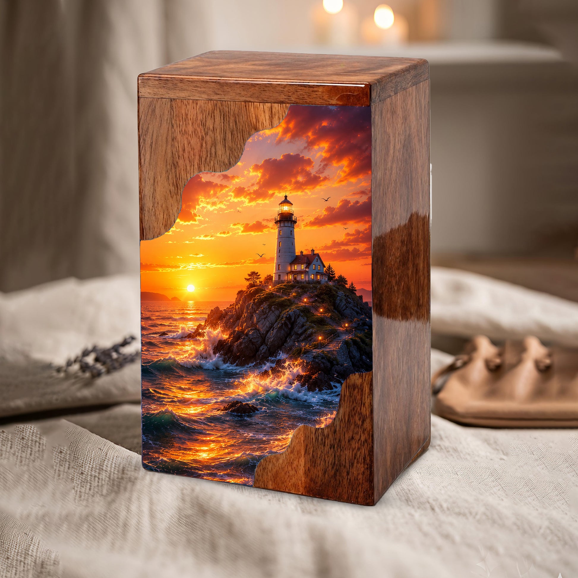 Lighthouse Sunset Wooden Cremation Urn – Coastal Memorial Urn for Human Ashes