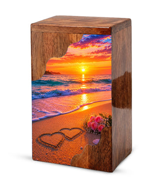 Beach Wooden Cremation Urn – Sunset Ocean Memorial Urn with Heart in Sand
