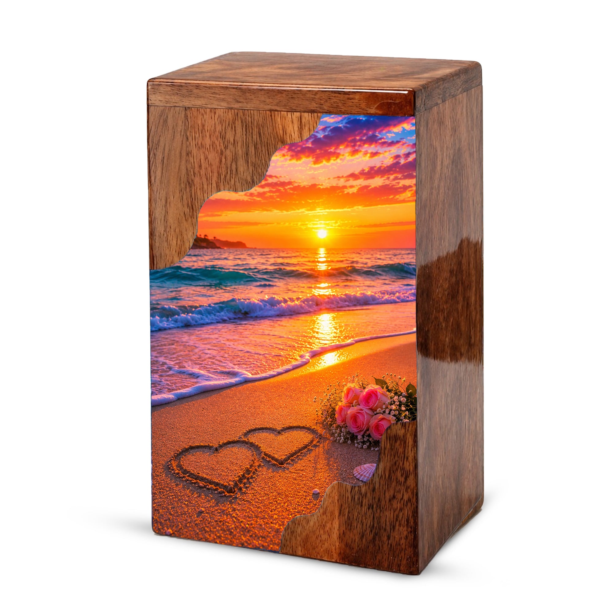 Beach Wooden Cremation Urn – Sunset Ocean Memorial Urn with Heart in Sand