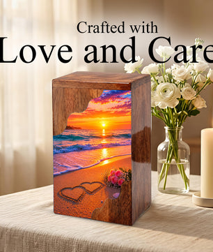 Beach Wooden Cremation Urn – Sunset Ocean Memorial Urn with Heart in Sand