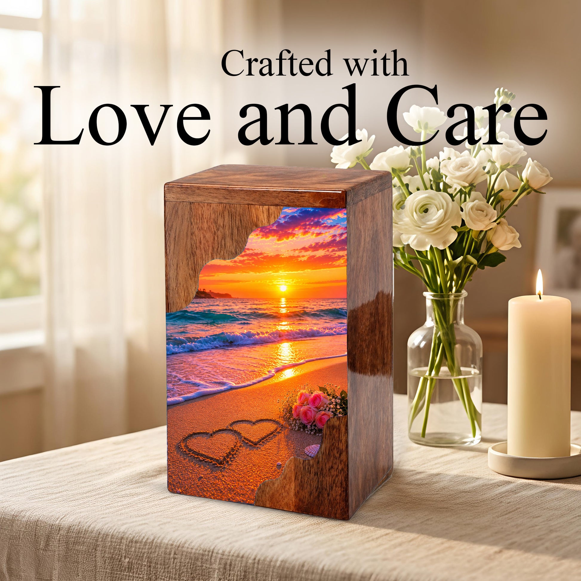 Beach Wooden Cremation Urn – Sunset Ocean Memorial Urn with Heart in Sand