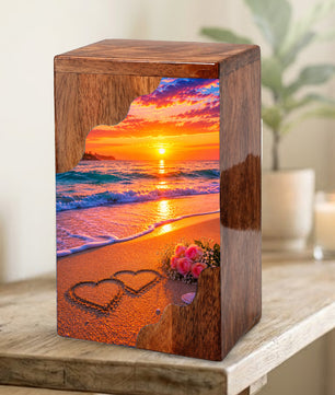 Beach Wooden Cremation Urn – Sunset Ocean Memorial Urn with Heart in Sand