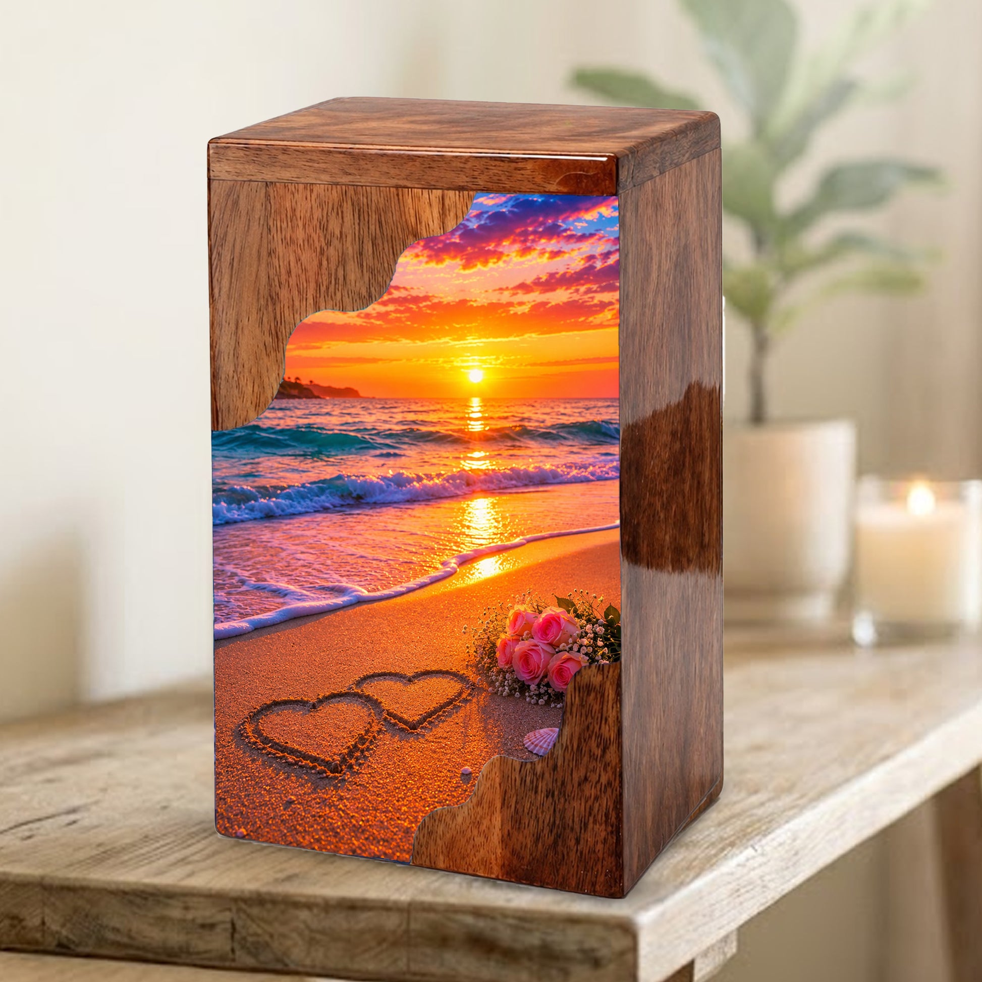 Beach Wooden Cremation Urn – Sunset Ocean Memorial Urn with Heart in Sand