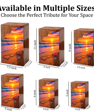 Beach Wooden Cremation Urn – Sunset Ocean Memorial Urn with Heart in Sand