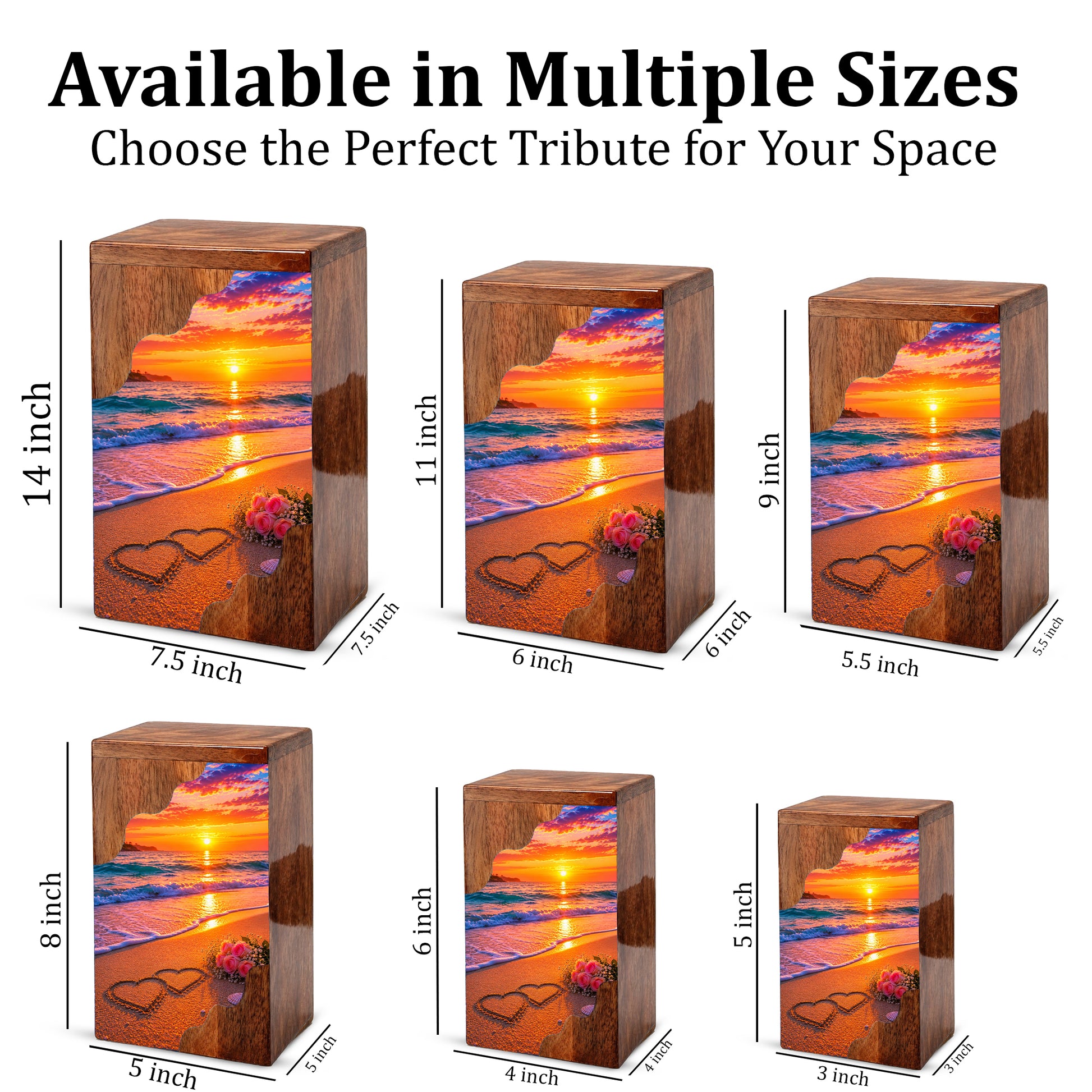 Beach Wooden Cremation Urn – Sunset Ocean Memorial Urn with Heart in Sand