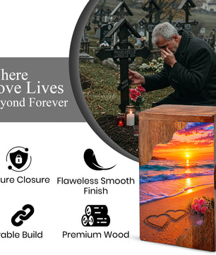 Beach Wooden Cremation Urn – Sunset Ocean Memorial Urn with Heart in Sand