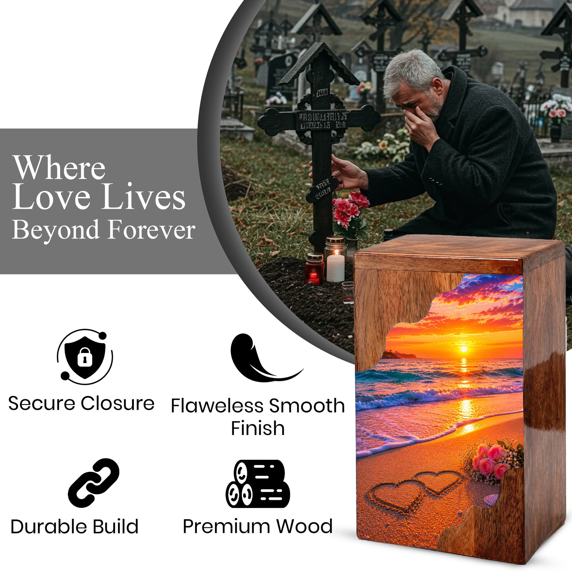 Beach Wooden Cremation Urn – Sunset Ocean Memorial Urn with Heart in Sand