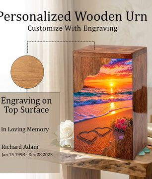 Beach Wooden Cremation Urn – Sunset Ocean Memorial Urn with Heart in Sand