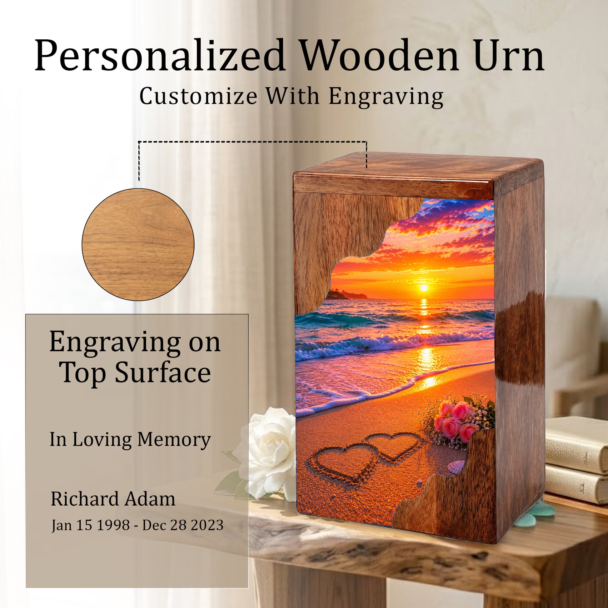 Beach Wooden Cremation Urn – Sunset Ocean Memorial Urn with Heart in Sand
