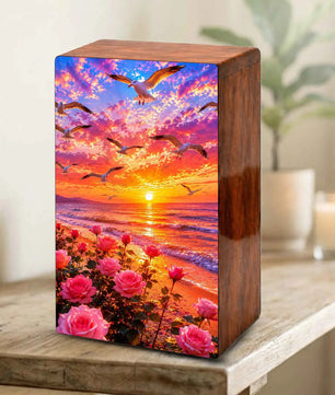 Floral Beach Urn For Ashes - Pink Rose Flower Cremation Mini Keepsake Box