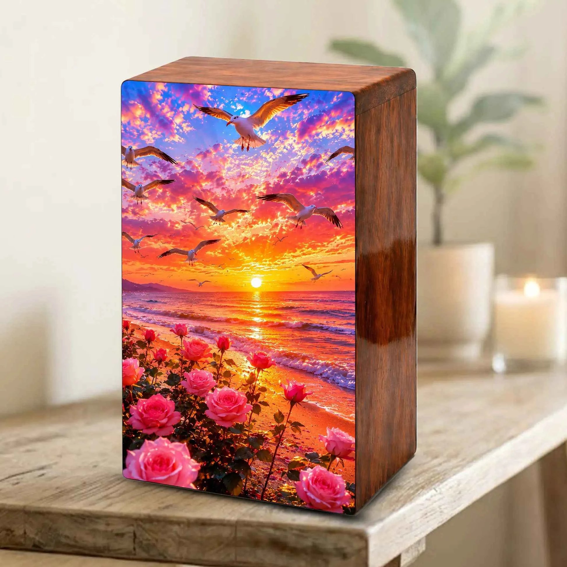 Floral Beach Urn For Ashes - Pink Rose Flower Cremation Mini Keepsake Box