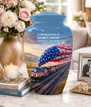 Patriotic Train Urn for Ashes - American Flag Cremation Urns for Dad