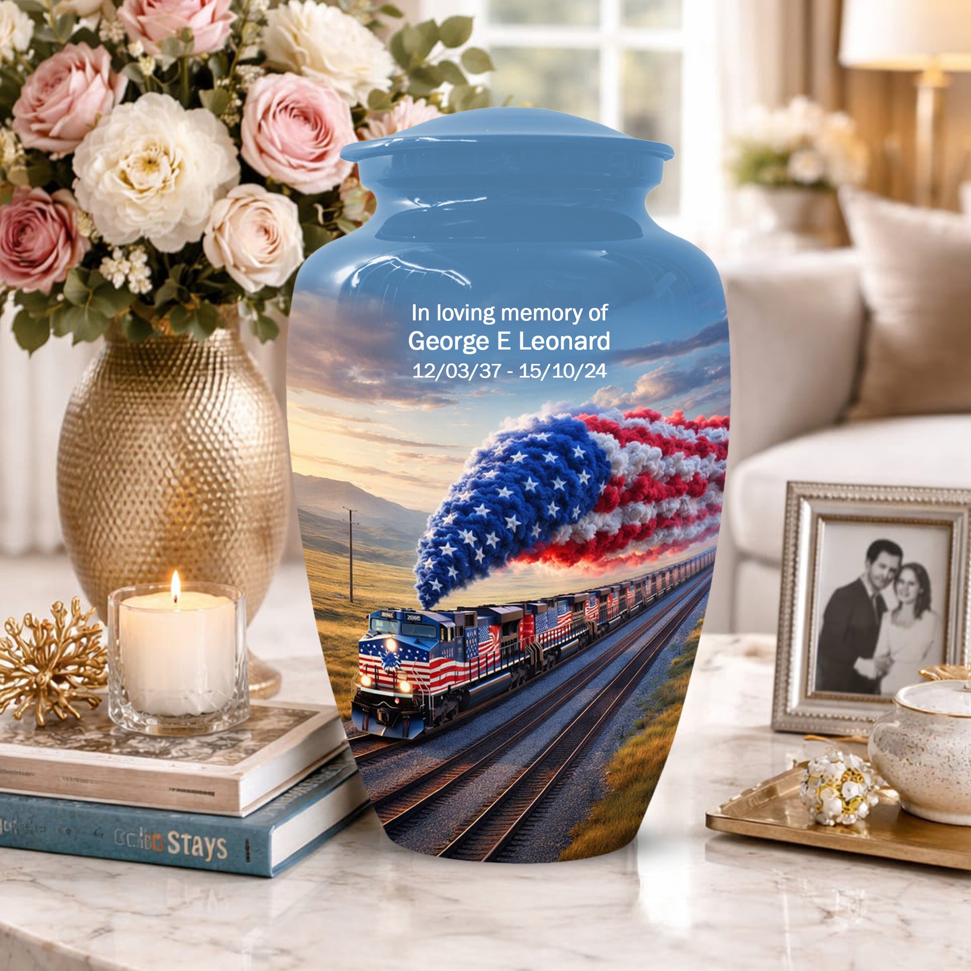Patriotic Train Urn for Ashes - American Flag Cremation Urns for Dad