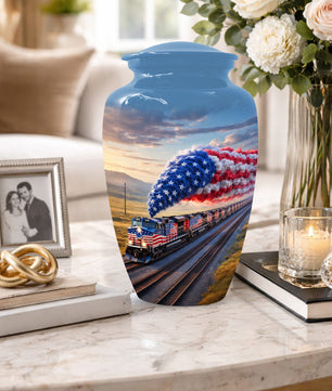 Patriotic Train Urn for Ashes - American Flag Cremation Urns for Dad