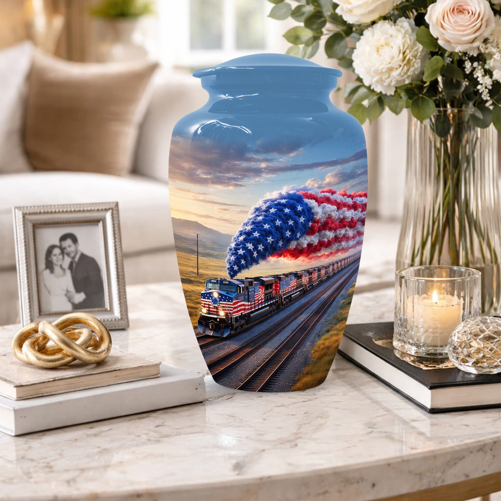 Patriotic Train Urn for Ashes - American Flag Cremation Urns for Dad