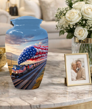 Patriotic Train Urn for Ashes - American Flag Cremation Urns for Dad