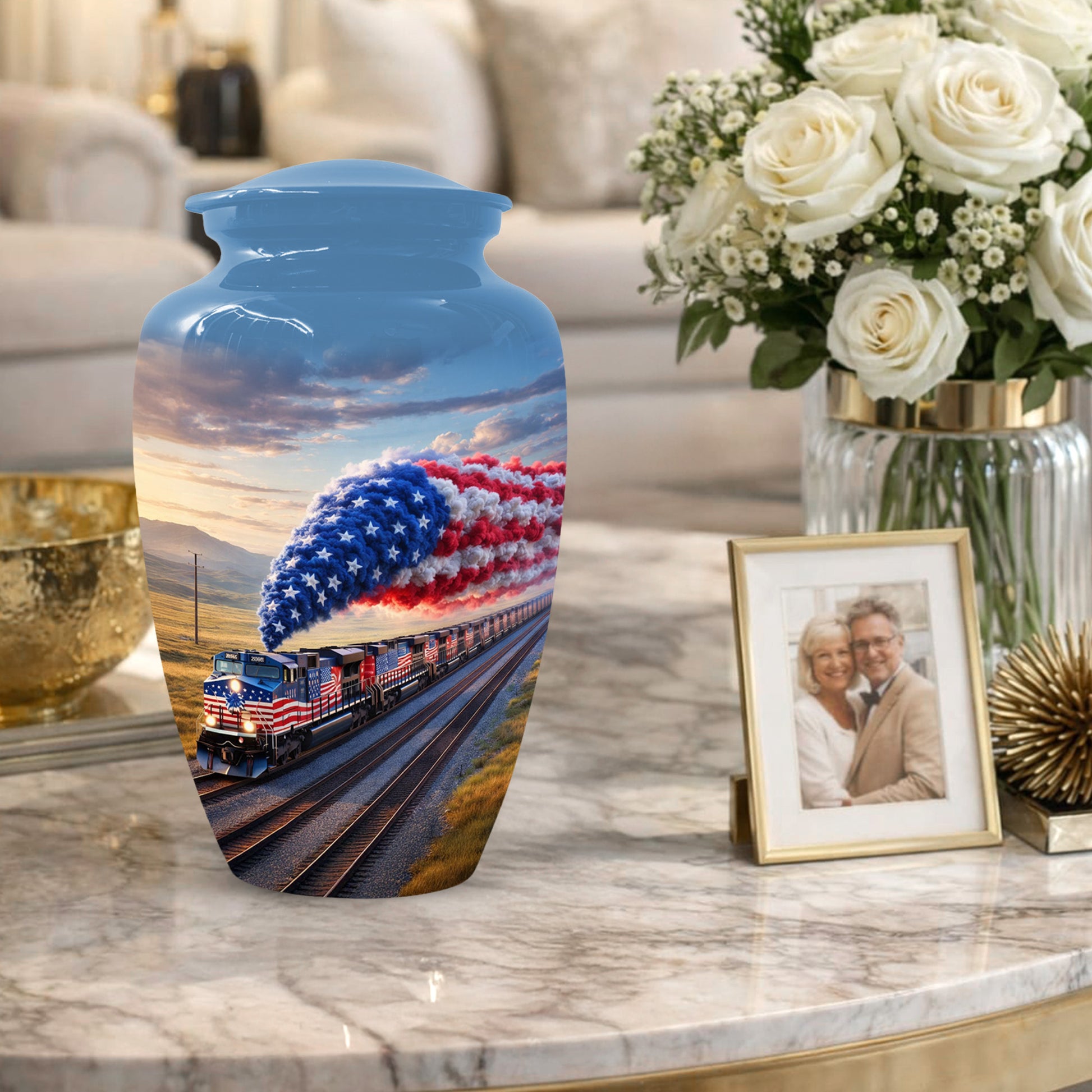 Patriotic Train Urn for Ashes - American Flag Cremation Urns for Dad