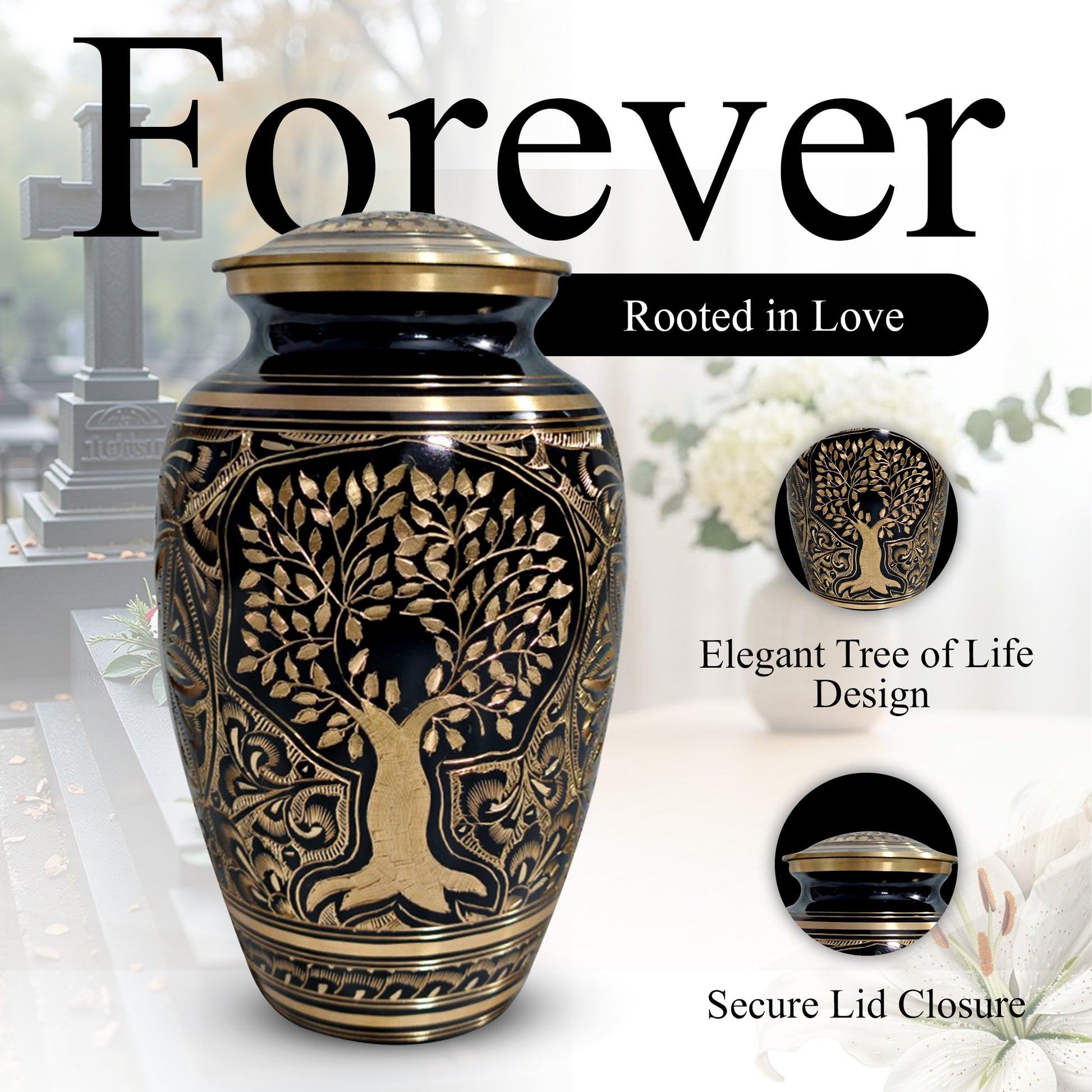 Tree Of Life Urn for Human Ashes - Hand Engraved Brass Burial Cremation Urns
