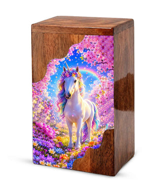 Unicorn Wooden Cremation Urn – Personalized Memorial Urn for Human Ashes | Rainbow Fantasy Wooden Urn