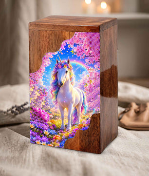 Unicorn Wooden Cremation Urn – Personalized Memorial Urn for Human Ashes | Rainbow Fantasy Wooden Urn