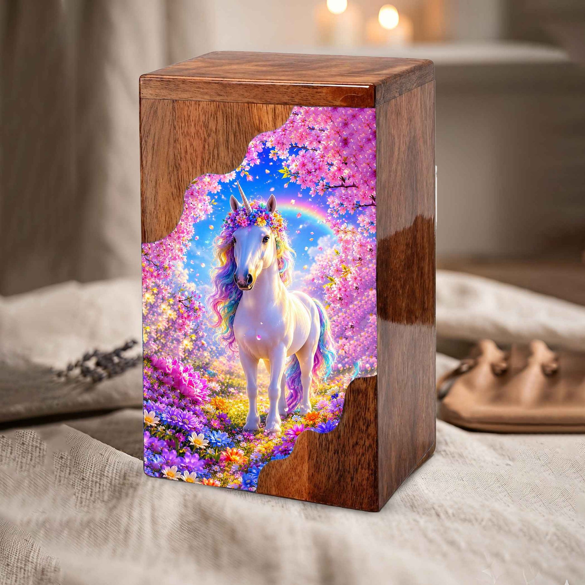 Unicorn Wooden Cremation Urn – Personalized Memorial Urn for Human Ashes | Rainbow Fantasy Wooden Urn