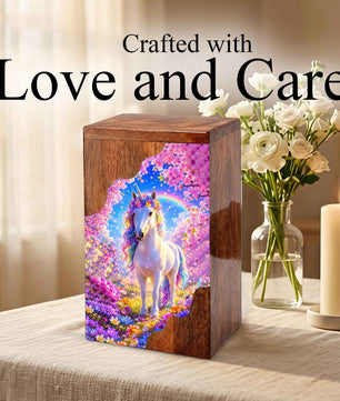 Unicorn Wooden Cremation Urn – Personalized Memorial Urn for Human Ashes | Rainbow Fantasy Wooden Urn